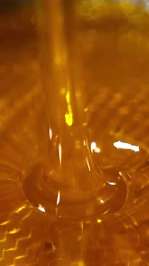 Beautiful fresh healthy organic honey flowing on the sieve.