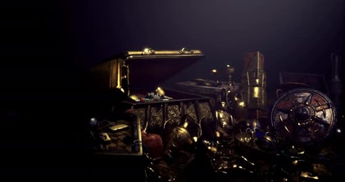 Ornate Treasure Chest with Gold and Ancient Artifacts