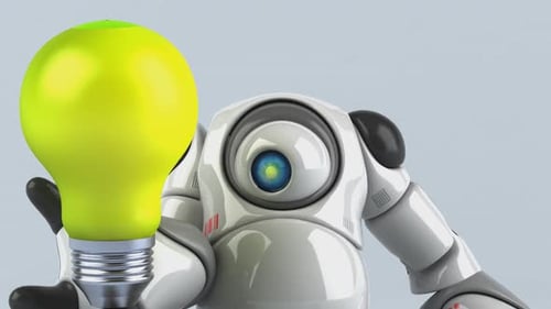 Animated 3D Robot Holding Light Bulb for Idea Concept