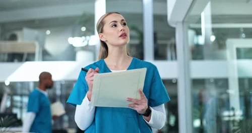 Nurse, woman and writing on document in hospital for healthcare report, diagnosis chart