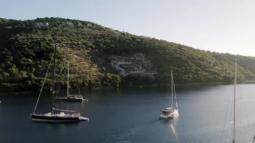 Aerial Top Down View of Rich Yacht Sailing Sea Luxury Sail Boat Yachting