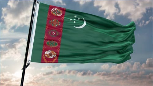 Realistic Waving Turkmenistan National Flag on Cloudy Sky Background