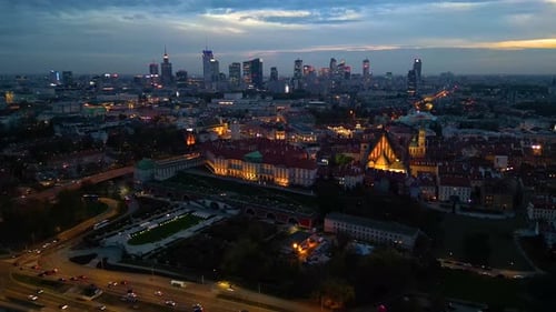 Great panoramic night view of the center and the Old Town of Warsaw - Stare Miasto - from the right