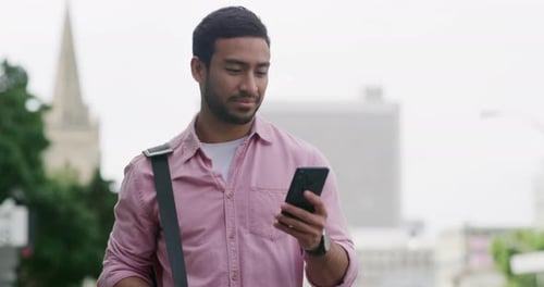 Phone, walk and navigation for businessman in city with street, sidewalk and morning work commute