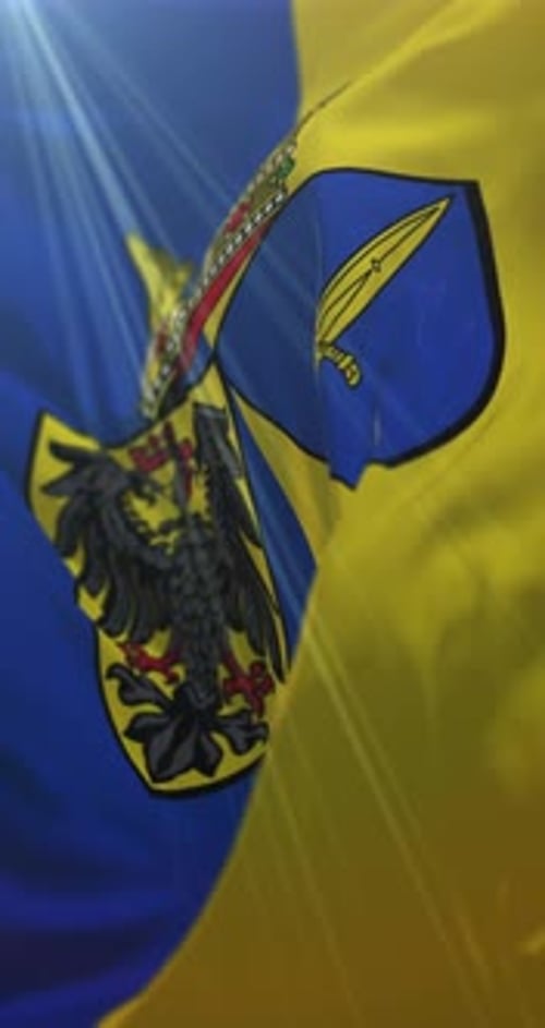 Waving Flag with Ornate Crest and Sun Rays in Vertical Format