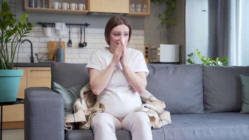 Pregnant Woman with Cold Blows Her Nose