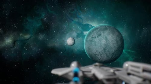 Futuristic Spaceship Flying Past Planets and Nebula Background