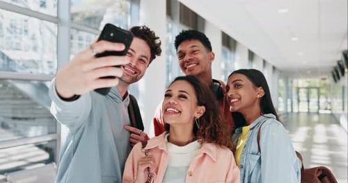 Diversity, selfie and student friends on campus at a university or college take picture to share