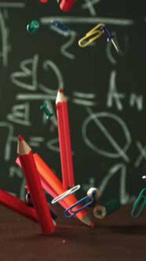 Pencils Fall on the School Desk Filmed on a Highspeed Camera at 1000 Fps