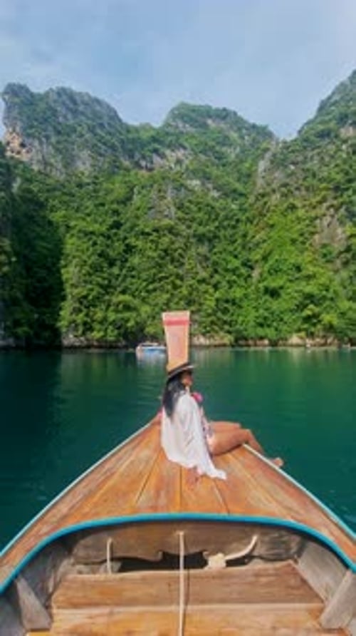 Longtail Boats at Pileh Lagoon Koh Phi Phi Maya Bay Thailand the Turquoise Colored Ocean