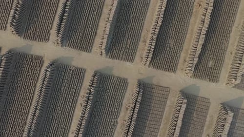 Aerial shot of traditional brick factory with bricks drying in Bangladesh