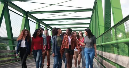 Group of multiracial friends having fun walking on the bridge in the city