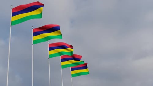 Realistic 3D Mauritius Flags Waving Under Cloudy Sky