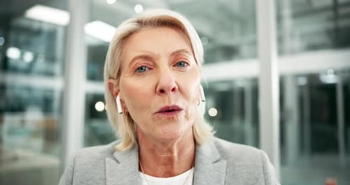 Face, business woman and video call of seminar in office for online conference, meeting or webinar