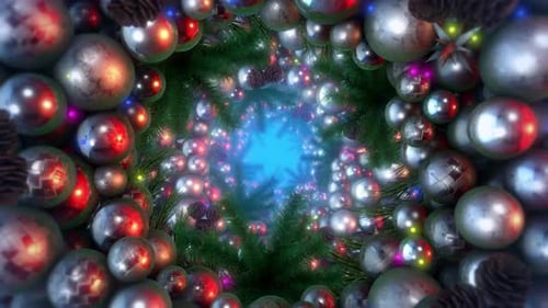 Festive Christmas Ornaments Flying Through Tunnel Background