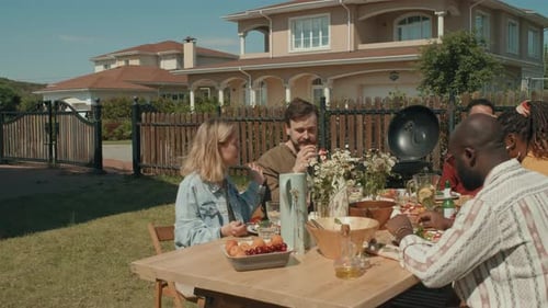 Friends Gather for Outdoor Meal in Suburban Backyard