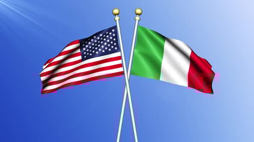 United States and Italy National Flags Waving on Blue Sky
