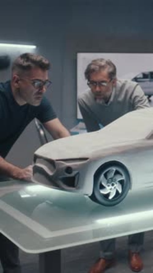 Experienced Automotive Designers Discuss the Design in a High Tech Room with LED