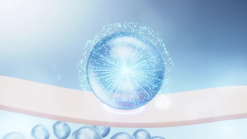 Glowing Blue Sphere Penetrates Skin Layer, Forming Molecules