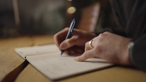 Close-Up of Hand Sketching in Notebook with Pen
