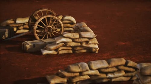 Vintage Cannon and Sandbags Fortification Scene