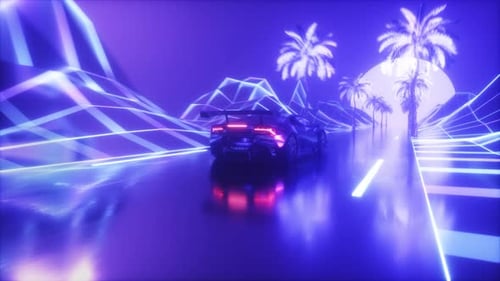 Synthwave-Hintergrund eines fahrenden Sportwagens