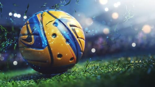 Yellow soccer ball on grass under stadium lights.