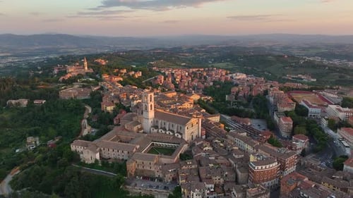 Aerial View of Perugia City Skyline at Sunset Basilica Di San Domenico Italy