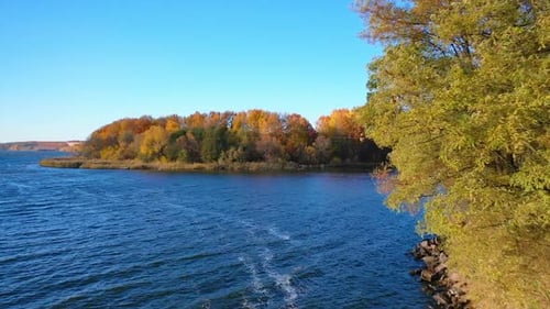 Autumn forest and river from air. Autumn in the wild on the background of the forest and the river