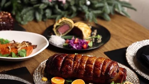 Festive Table with Beef Wellington and Christmas Decor