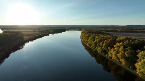 Calm Waters Of Connecticut River, Hadley, Massachusetts - Aerial Drone Shot