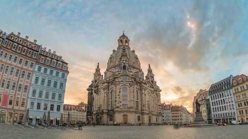 Dresden city skyline sunrise timelapse at Frauenkirche Church