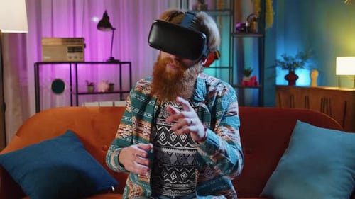 Man Experiences Virtual Reality with VR Headset