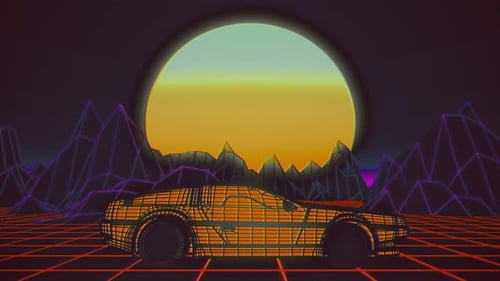 Retro Futuristic DeLorean Sunset Mountains Synthwave Gridlines 80s Design Art. 4K Vidios