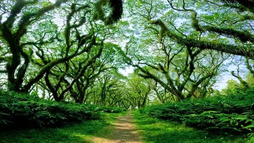Path leading through a dense forest with gnarled, moss-covered trees and lush green foliage