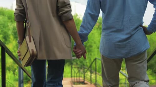 Romantic Couple Holding Hands Walking Together in a Summer Park Clip
