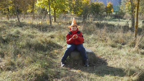 Child in Witch Hat Examining Pumpkin in Autumn Field