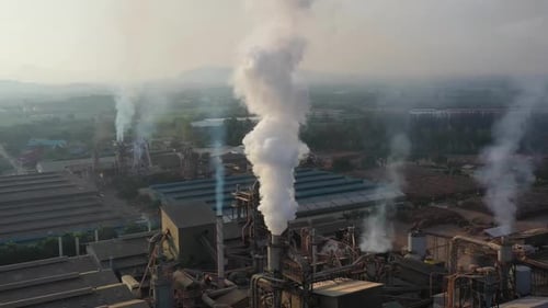 Aerial view. Industrial plants with pollution chimneys, Air pollution from industrial plants
