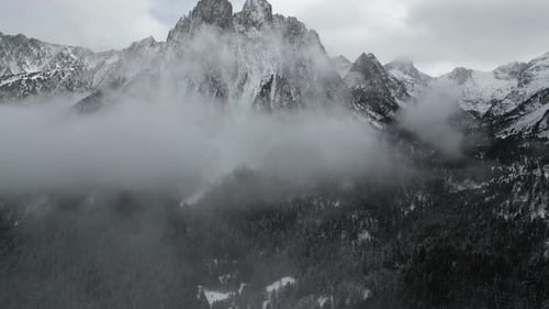 Aerial video of snowy mountains Aigestortes Spain