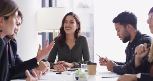 Leadership, business people meeting and corporate woman listening to employee plan