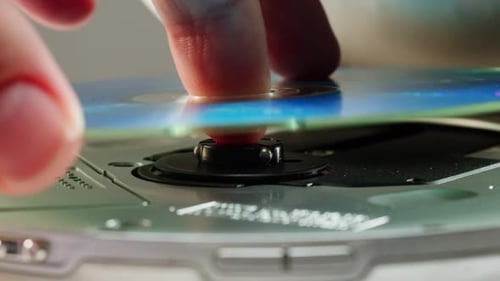 Vintage Cd Music Player Closeup Using Portable Music Player for Listening with Compact Disc