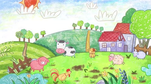 Animación de dibujos animados de granja y huerto, linda animación dibujada a mano con crayón, pastel, crayón