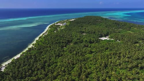 Aerial view of lush island with turquoise waters, Maldives.