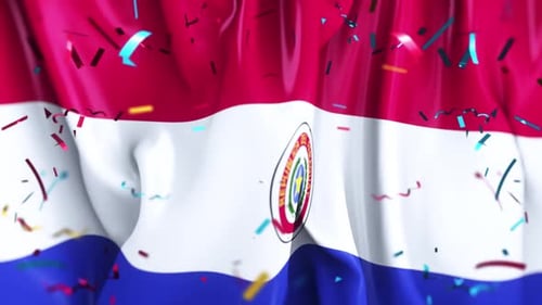 Paraguay Flag Waving with Confetti Celebration