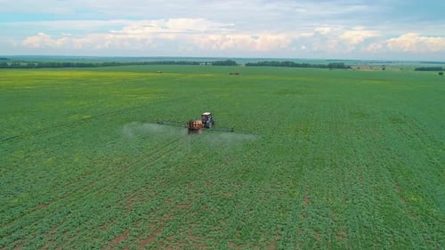 Aerial Panoramic View of a Tractor Machine Spraying the Field with Pesticides Farm Machinery