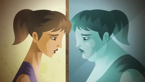 thin woman with eating disorder seeing distorted obese reflection in mirror