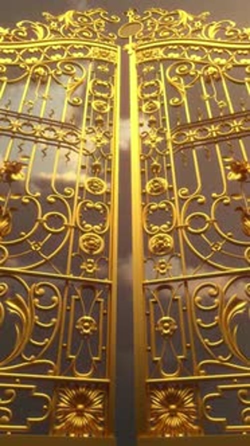 Golden Ornate Gates Open to Reveal a Cloudy Sky