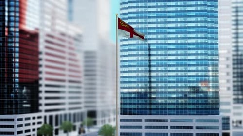 3D-Render-Animation mit Sark-Flagge, die vor modernen Glasgebäuden weht — tagsüber