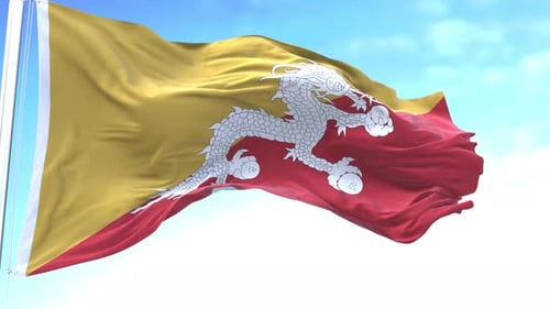 Drapeau horizontal du Bhoutan dans le ciel, ondulation rapide