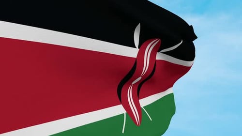 Realistic Kenyan Flag Waving Animation on Blue Sky